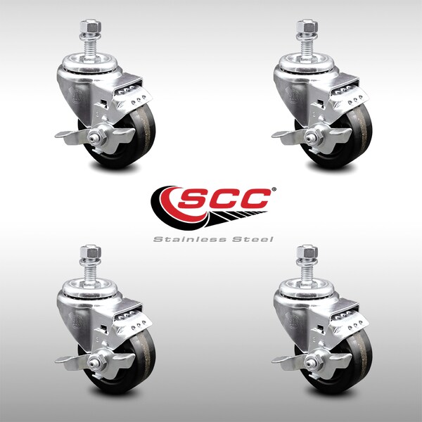 Service Caster 3.5 Inch SS Phenolic Wheel Swivel 12mm Threaded Stem Caster Set Brake SCC SCC-SSTS20S3514-PHS-TLB-M1215-4 - main